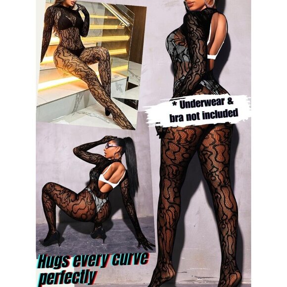 🆕Women Black Sexy Fishnet Full Mesh Jumpsuit Body Stockings Halloween Costume - Picture 3 of 7